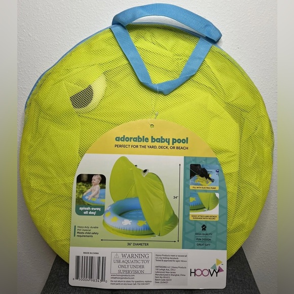 Hoovy Froggy Inflatable 36” Adorable Baby Pool W/Sun Protection Awning Brand New - Picture 2 of 4